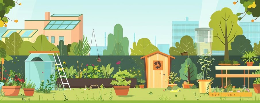 Ecofriendly garden with recycled materials, flat design, side view, urban garden theme, animation, Splitcomplementary color scheme