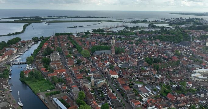 The Zuider or Sint Pancraskerk, church in the Dutch town of Enkhuizen, The Netherlands. Aerial view.
