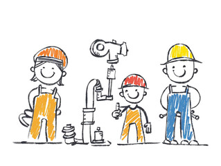 Children's illustration in stickman style about construction workers isolated on white background.

