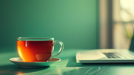 Cup of tea on a desk beside a laptop in a green-lit workspace.