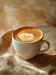 Fototapeta premium A cappuccino with latte art in a white cup on a fabric surface.