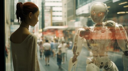 Inquisitive Child Observing Advanced Cyborg in Department Store Window