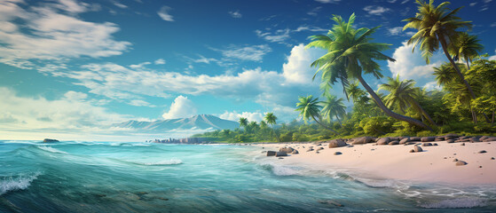 Secluded tropical beach with palm trees, clear blue water, and gentle waves on a sunny day. Studio beach photography.
