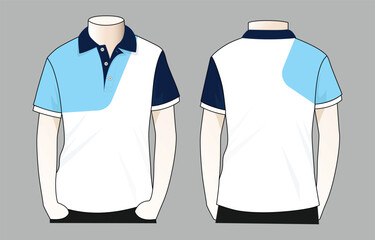 White-light blue-navy blue short sleeve polo shirt design on gray background. Front and back views, vector file.