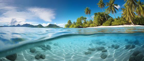 Secluded tropical beach with palm trees, clear blue water, and gentle waves on a sunny day. Studio beach photography.
