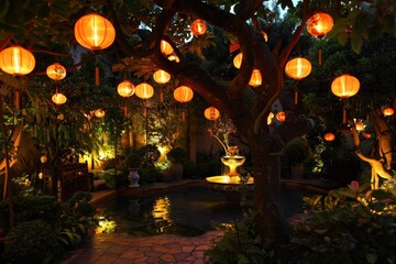 Naklejka premium Serene Garden at Night with Lanterns, Pathway Lights, and Glowing Fountain for Tranquil Evening Ambience