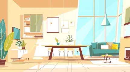 Ecofriendly interior design with sustainable materials, flat design, front view, minimalist theme, cartoon drawing, Analogous Color Scheme