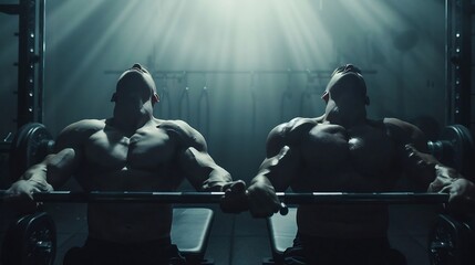 Two gym buddies spot each other in the bustling gym, surrounded by the clanking of weights and hum of treadmills. One, a seasoned lifter with defined muscles, offers guidance and encouragement. The ot