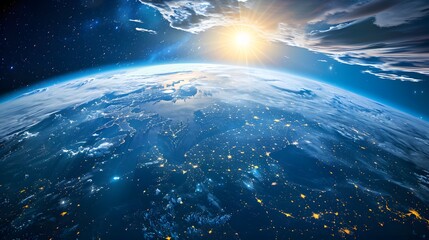 Fototapeta premium Cosmic Dawn: Earth and Sky Awash in the Glow of Morning Light.. Panoramic view of the Earth, sun, star and galaxy. Sunrise over planet Earth, view from space