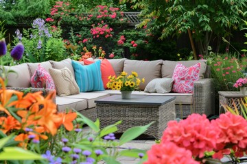 Obraz premium Elegant Outdoor Garden Patio with Sectional Sofa and Colorful Flowers Ideal for Relaxation