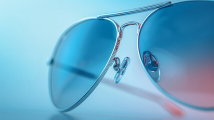 Close-up of aviator sunglasses with blue and red gradient lenses.