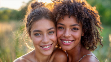 Two women with curly hair are smiling at the camera. They are wearing tank tops and are sitting in a field