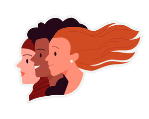 Multinational girls stickers. Feminist movement, women power cartoon vector illustration