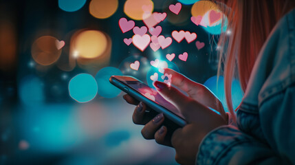 A young woman is holding a phone with likes from social media displayed on the screen. The problem of dependence on public opinion