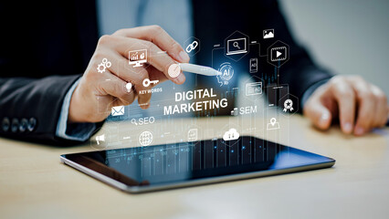 Digital marketing and financial business data analytics technology concept. Global website adertisement social media network, SEO, SEM video and mobile application icons with ai fintech for strategy.