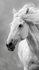 Obraz premium White horse with flowing mane in black and white profile, majestic animal portrait concept