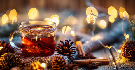 Warm Festive Holiday Setting with Spiced Tea, Pine Cones, Cinnamon, Fairy Lights - Perfect for Seasonal Design