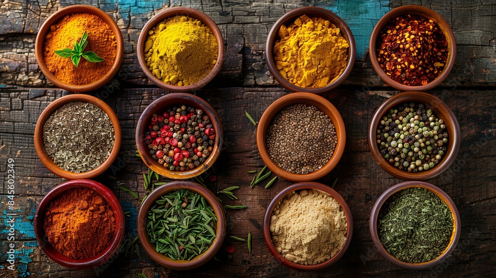Poster Top-down view of colorful spices in ceramic bowls arranged on a rustic wooden table. Generative AI