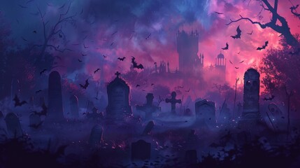 Gothic Halloween Sale Banner with Spooky Graveyard, Tombstones, and Flying Bats Design for Poster