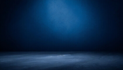 Empty dark blue studio background with a grey concrete floor. Soft blue lighting creates a serene and modern ambiance, ideal for product display, presentations, or creating a minimalist visual effect