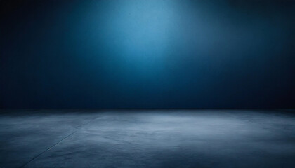 Empty dark blue studio background with a grey concrete floor. Soft blue lighting creates a serene and modern ambiance, ideal for product display, presentations, or creating a minimalist visual effect