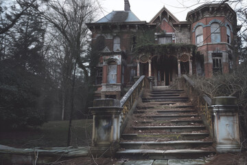 Obraz premium Abandoned Victorian Mansion with Overgrown Staircase and Broken Windows