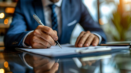Corporate manager signing a contract at his desk, focusing on a new business deal