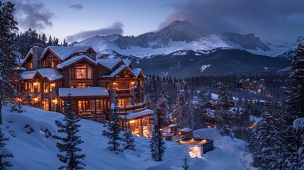 Fototapeta premium Winter Wonderland Resort: Cozy Cabins and Hot Tub Experience in Snowy Mountains at Twilight