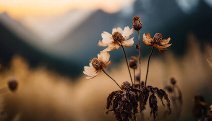 wilting flower with dried petals and drooping stem, captured in soft evening light. The somber scene evokes feelings of decay, time passing, and the inevitability of chang
