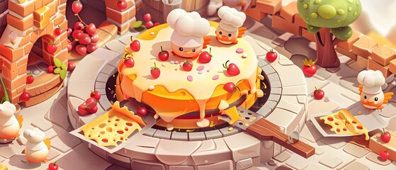 Obraz premium Adorable cartoon chefs create a giant cake and pizzas in an outdoor bakery setting with a whimsical and vibrant atmosphere.