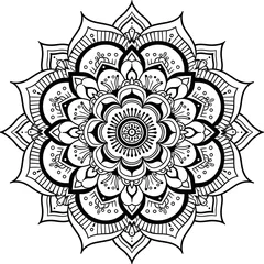 Verduisterende gordijnen A detailed black and white mandala illustration featuring a lotus flower design with intricate geometric patterns. This calming and symmetrical design is perfect for coloring or stress relief © Jorgarsan