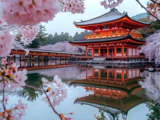 Naklejka premium Iconic Pagoda Temple in Kyoto Japan Amid Spring Bloom and Reflection on Serene Pond