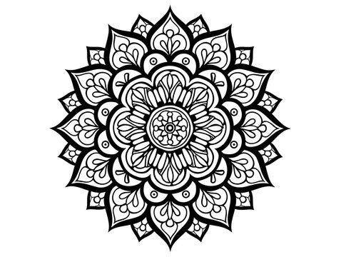A detailed black and white mandala illustration featuring intricate floral patterns and geometric shapes. This calming and symmetrical design is perfect for coloring, meditation, or stress relief