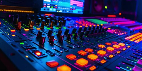 Sleek recording studio interior with digital sound mixing console and professional equipment. Concept Recording Studios, Sound Mixing Consoles, Professional Equipment, Interior Design