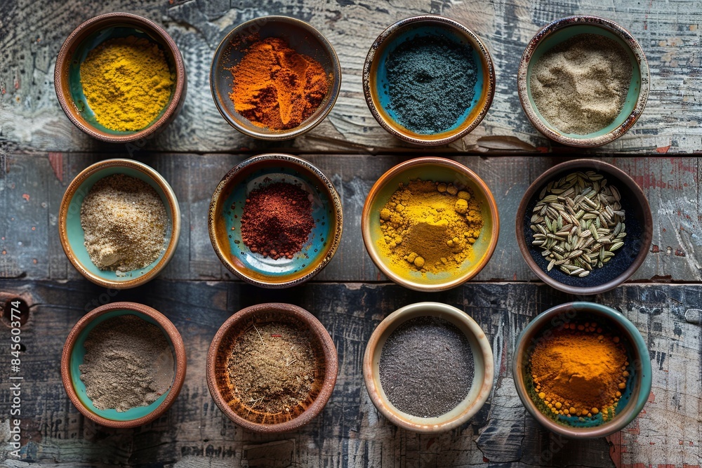 Poster a top-down view of various colorful spices in beautiful ceramic bowls arranged on a rustic wooden su