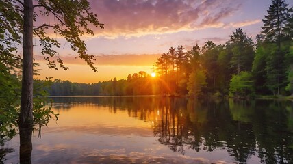 Obraz premium Sunset in horizon landscape of forest by the lake with clouds in sky