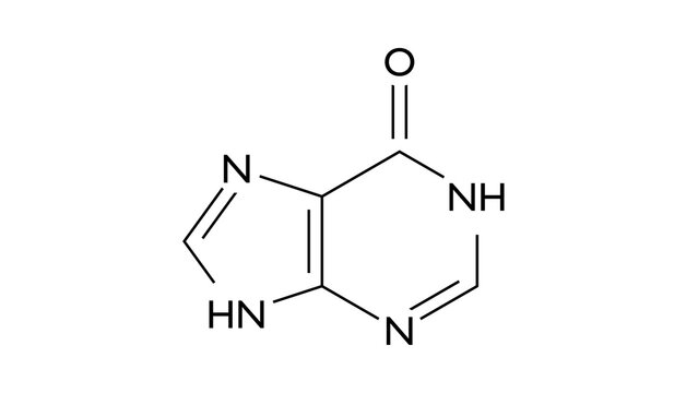 hypoxanthine molecule, structural chemical formula, ball-and-stick model, isolated image purine derivative