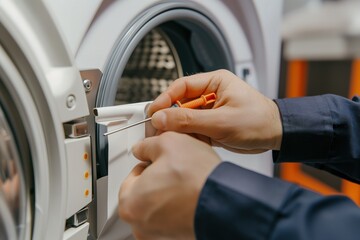 A repair technician removes the plastic cover from an appliance with a screwdriver.