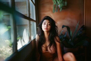 Fototapeta premium A woman poses by a window in a room with plants, wearing lingerie.