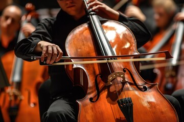 Fototapeta premium A close-up shot of a cellists hands playing their instrument on stage during a concert.