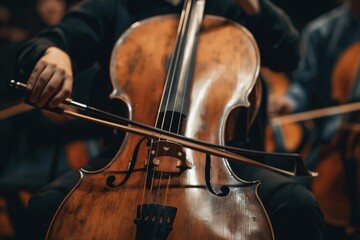 Fototapeta premium A close-up shot of a musicians hands holding the bow of a cello while performing on stage.