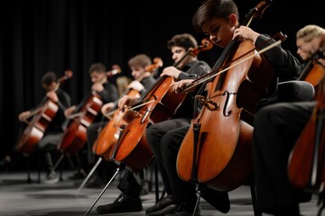 Fototapeta premium A close-up shot of a musician playing the cello on stage, surrounded by fellow musicians.