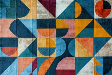 A close-up of a colorful geometric pattern with circles, triangles, and squares.