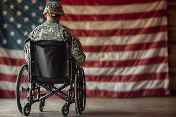 A soldier in a wheelchair sits in front of an American flag, looking away from the camera.
