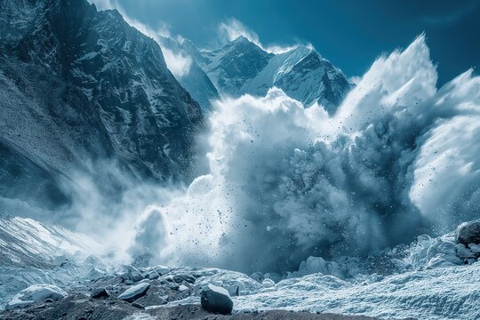 A powerful avalanche crashes down a mountainside in the Himalayas, creating a breathtaking and awe-inspiring display of natures power.