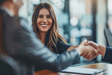 Fototapeta premium The smiling businesswoman at the office meeting shook hands with the businessman