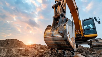 A close perspective of an excavator bucket in operation, set against a sky background, showcasing the strength and functionality of heavy machinery.
