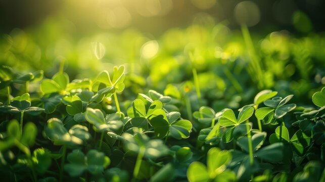 lush field of lucky fourleaf clovers st patricks day themed background vibrant closeup photograph