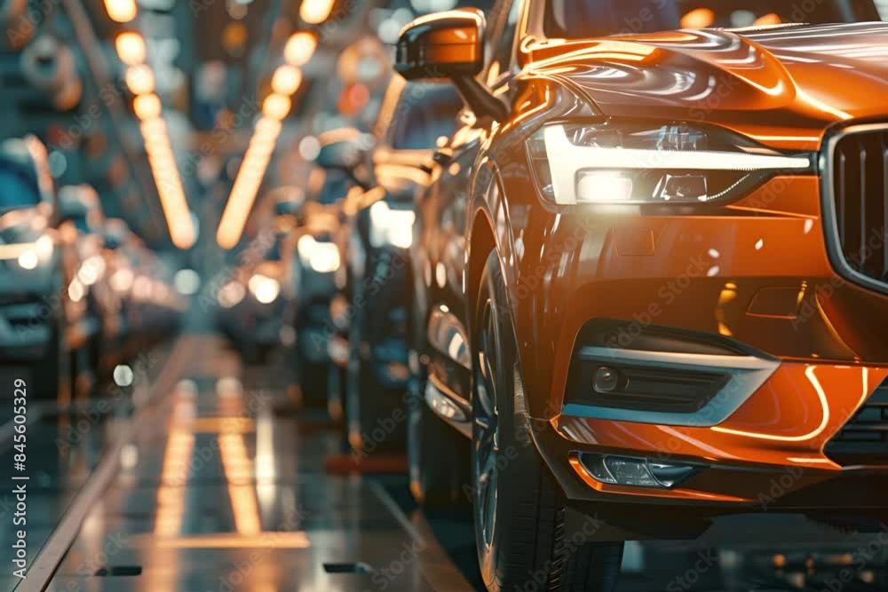 Poster busy factory assembly line producing modern cars using mass production techniques. concept factory a