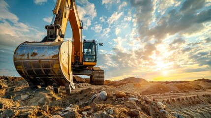 An excavator bucket captured in a close up while working, with a sky background, illustrating the advanced technology and robustness of construction tools